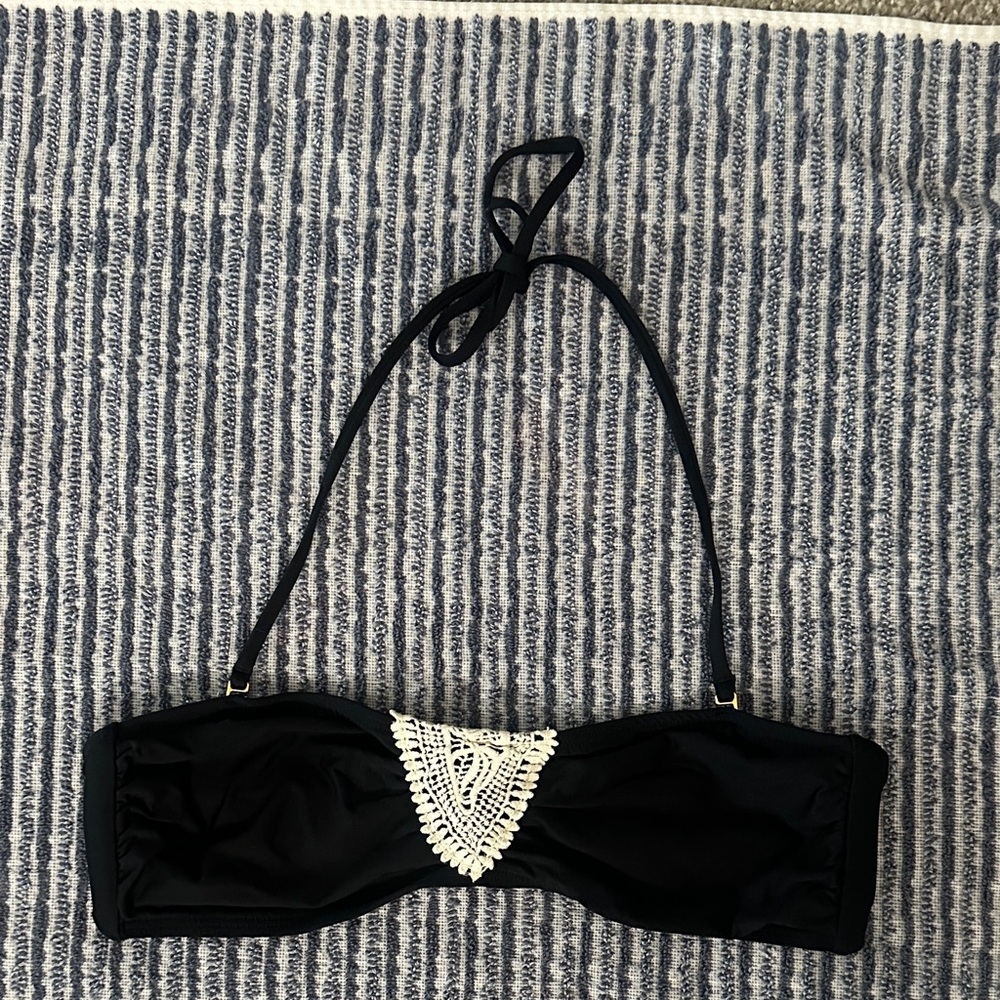 L*Space Black Bandeau Bikini Top with White Crochet Accent